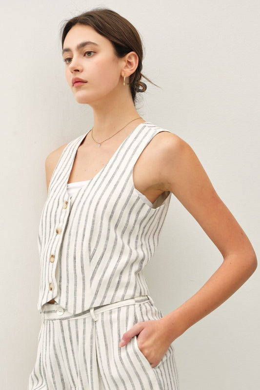 STRIPED V-NECK BUTTON UP VEST