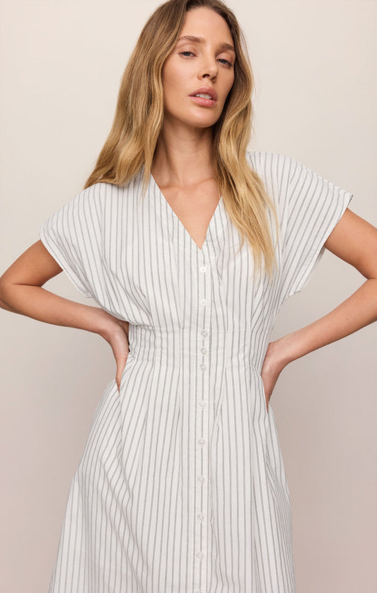 close up cotton poplin midi dress featuring a flattering V-neckline, button front, and timeless striped design