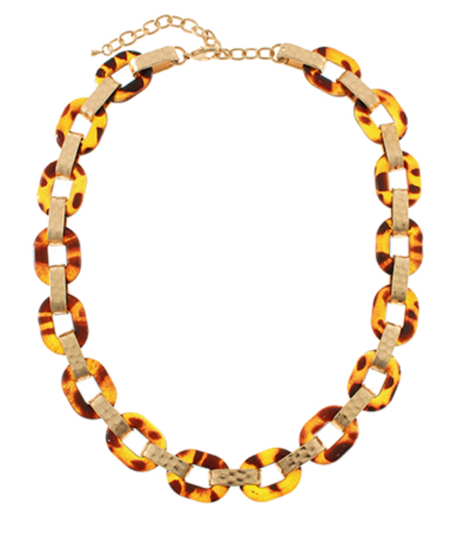 Savannah Link Statement Necklace featuring Tortoise Shell and Hammered Gold Links
