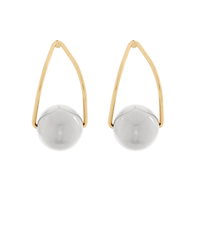 Arc Drop Earrings featuring a polished gold-toned curved arc suspending a large, smooth silver bead.