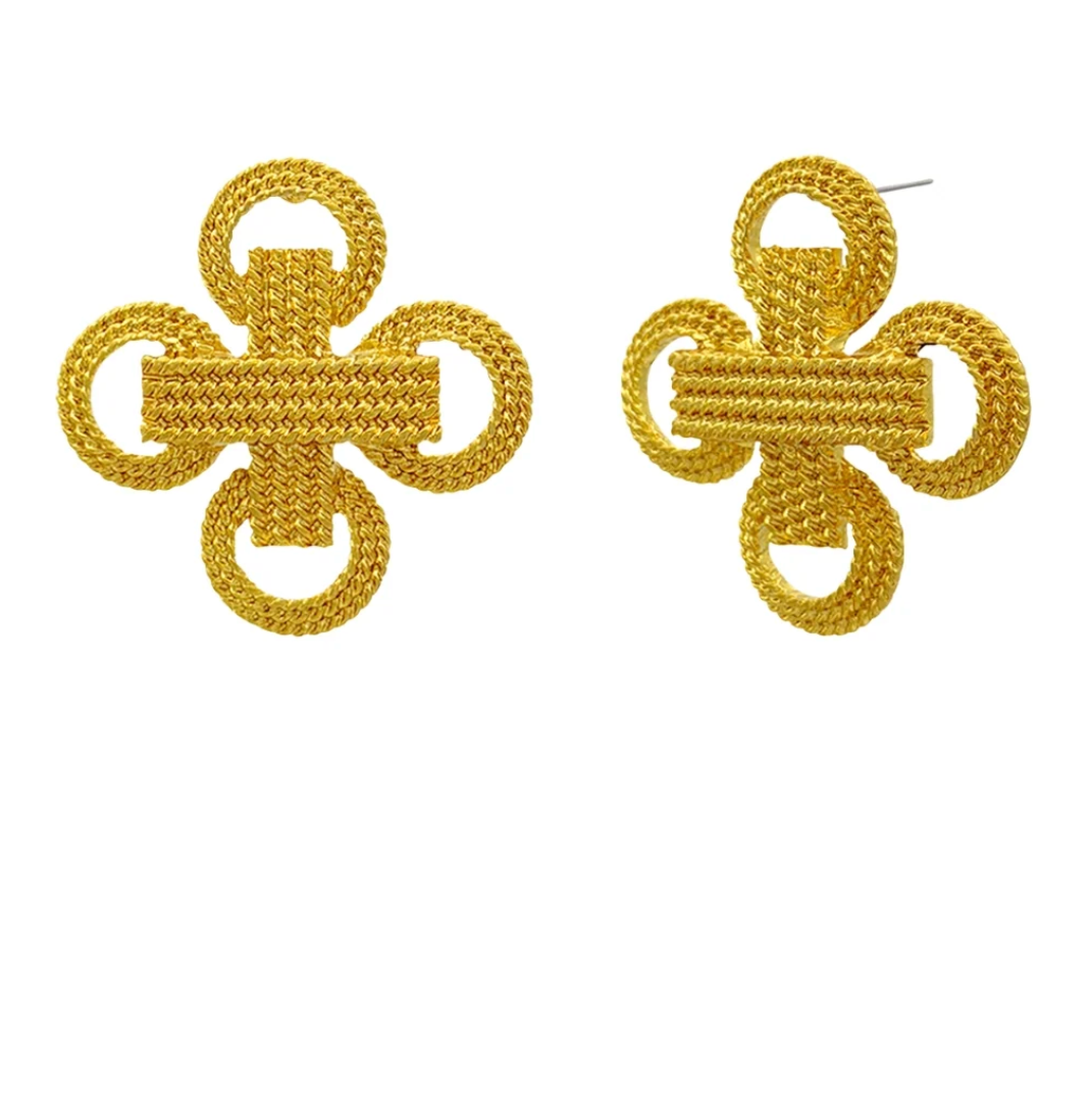 Golden Woven Clover Statement Stud Earrings