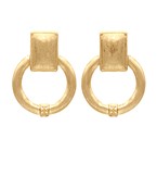 Gold-plated hoop stud earrings featuring a geometric rectangular top and circular hoop design, perfect for a bold and modern look
