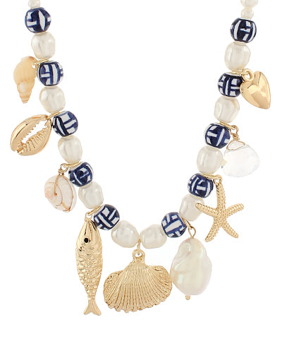 Sealife Pearl & Ceramic Charm Necklace