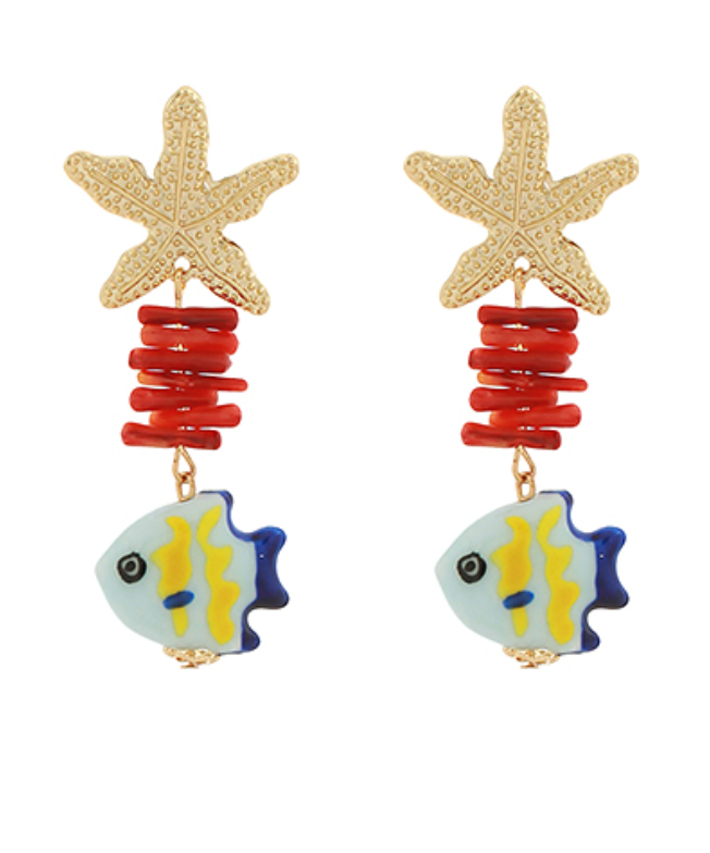 Seaside Charm Earrings featuring a textured gold starfish stud, a cascade of red coral-like beads, and a light blue fish charm with yellow stripes.