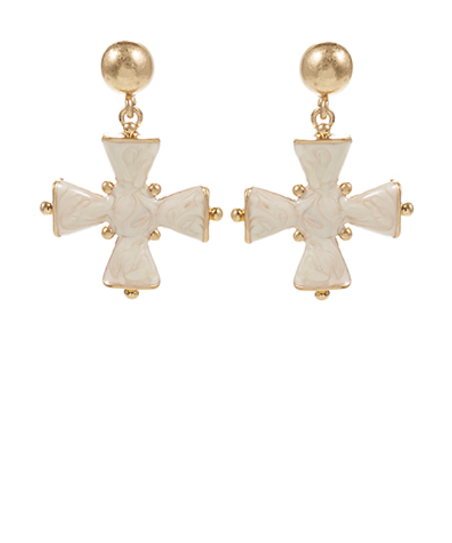 Seraphina Marble Cross Drop Earrings with Creamy Swirl and Gold Accents