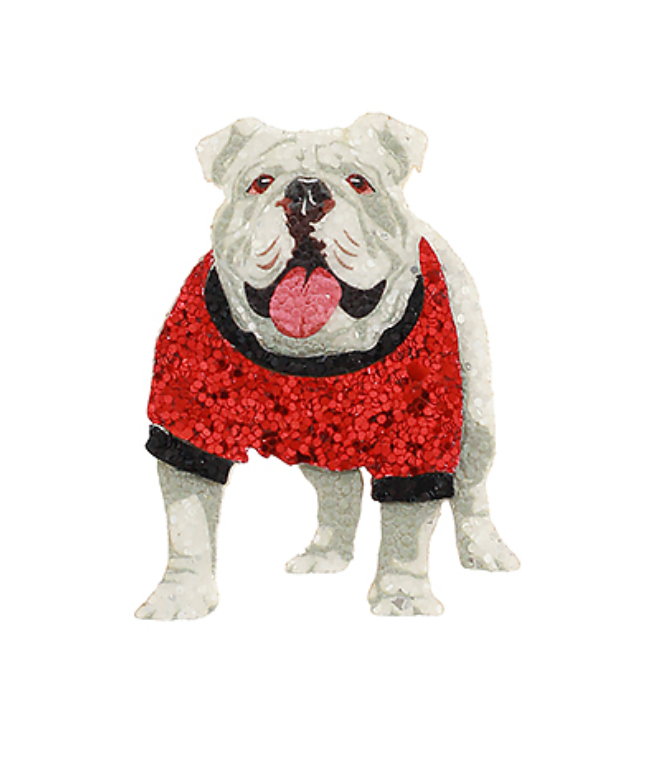 Sparkle Bulldog Spirit Brooch featuring a sequined red and black sweater on a bulldog.
