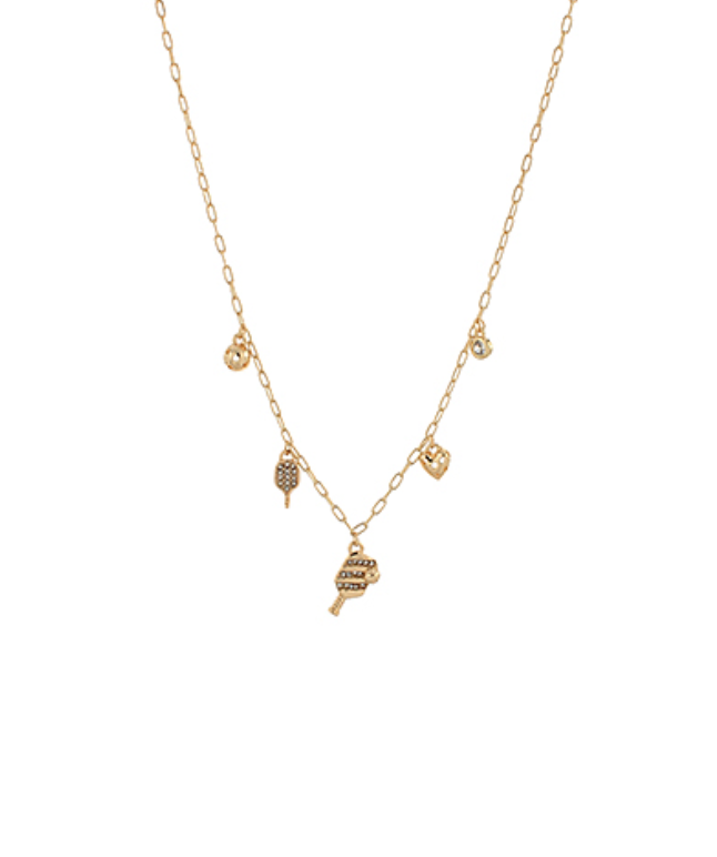 Sparkling Pickleball Ace Charm Necklace featuring gold pickleball-themed charms with crystal accents on a delicate chain.