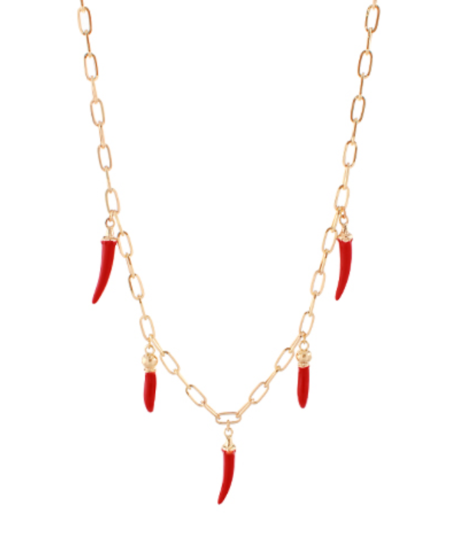 Spicy Five Pepper Charm Necklace featuring five red chili pepper charms on a gold link chain.