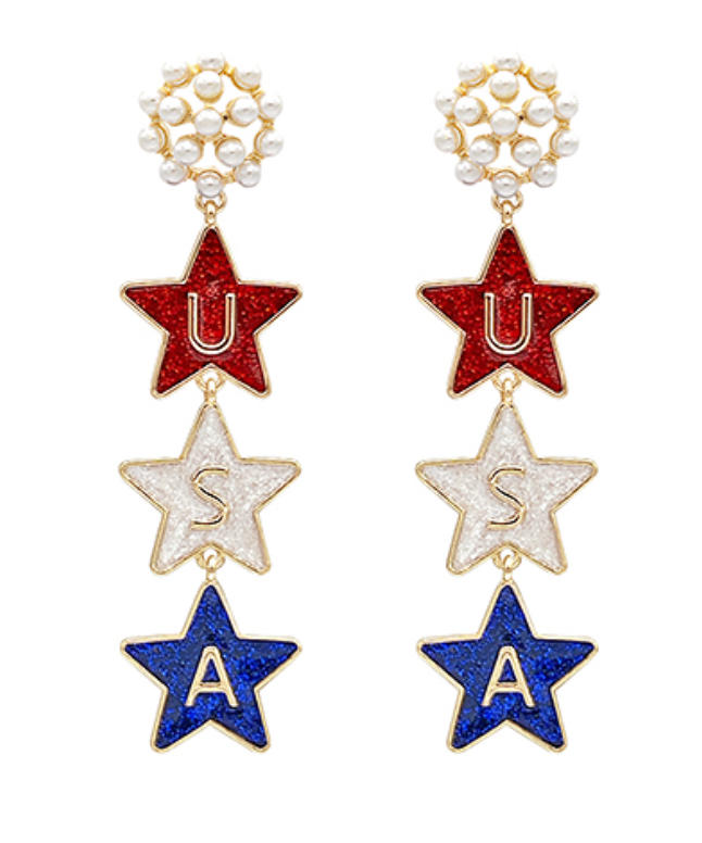 Star-Spangled Sparkle Drop Earrings featuring red, white, and blue glitter stars spelling "USA" with pearl and crystal tops.