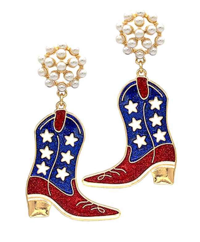 Star-Spangled Strut Boot Earrings featuring red, white, and blue star-spangled cowboy boot dangles with pearl tops.
