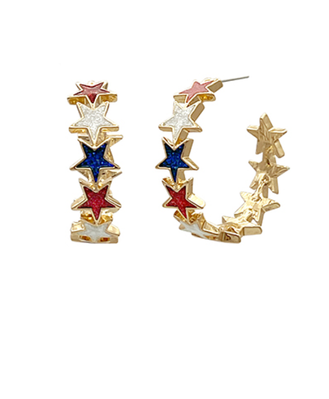 Star Celebration Hoop Earrings featuring gold hoops adorned with red, white, and blue glitter enamel stars.
