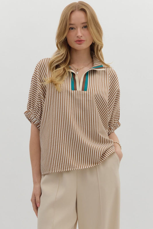 Striped dolman sleeve pullover with multicolor ribbed neck detail.