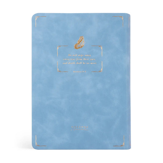 Bethany Study Bible with sky-blue vegan leather cover, gold butterfly design, and gold corner detailing