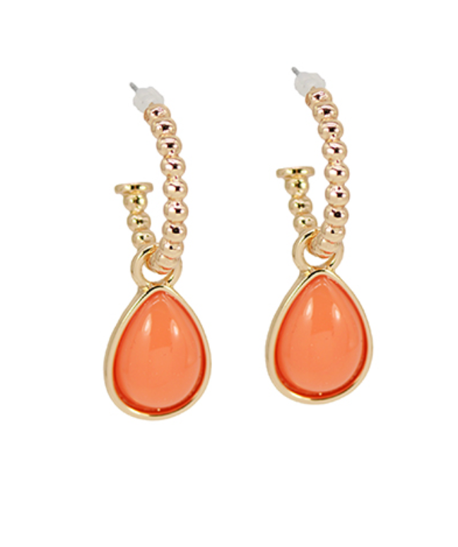 Sunset Coral Teardrop Hoop Earrings with Beaded Gold Hoops and Coral Gemstone Drops