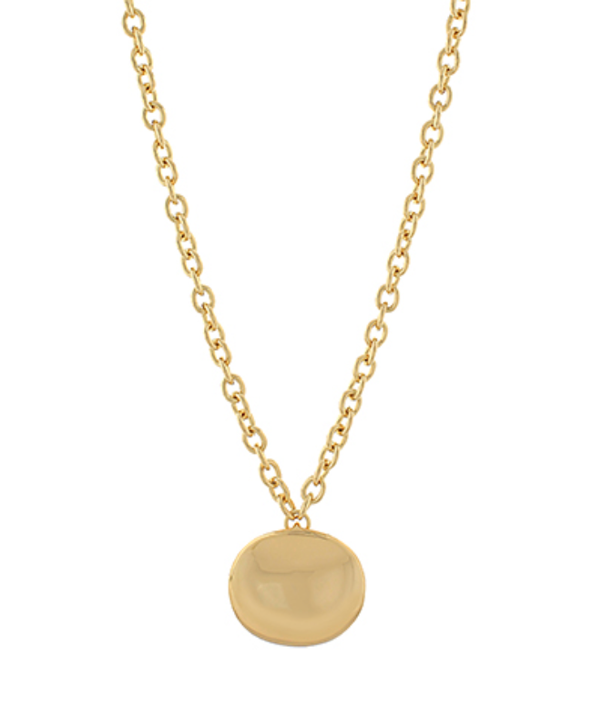 Minimalist gold dome pendant necklace on a delicate gold chain, high-polish round pendant jewelry