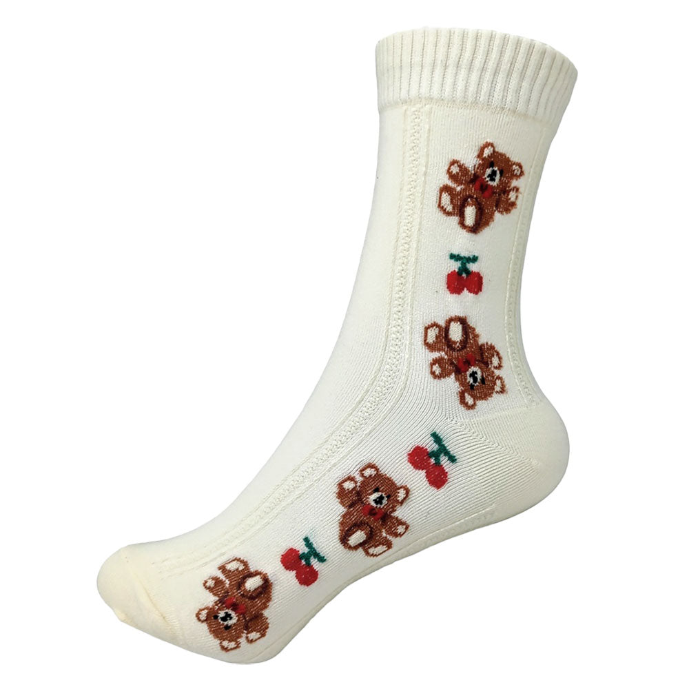 The Bernadette Socks bring sweet charm to your step with a playful teddy bear and cherry pattern—perfect for cozy days or a fun fashion twist.