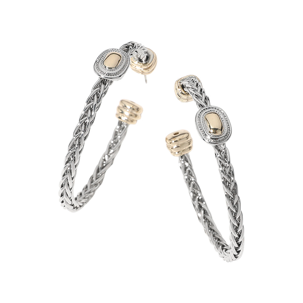 The Clarinda Earrings blend vintage texture and modern charm with braided rope hoops, oval medallions, and gold-tone accents.