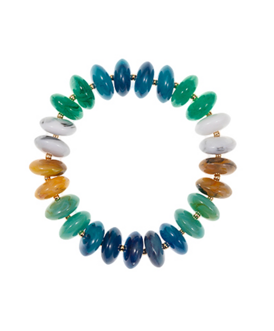 A selection of two gold-toned bracelets, each featuring a series of large, smooth cabochon stones in vibrant colors. One bracelet has round yellow stones, and the other has rectangular red stones, both linked by small gold-toned connections.