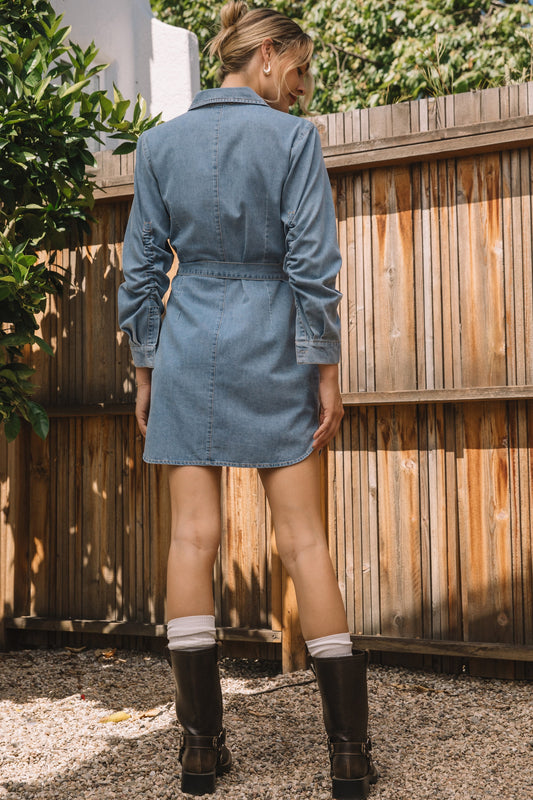 The Hazel Dress blends classic button-down styling with a washed cotton finish for a relaxed yet polished mini dress perfect for any occasion.
