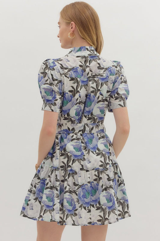 The Irena Floral Puff Sleeve Dress features a romantic ruffle neckline, removable belt, and side pockets for the perfect balance of charm and function.