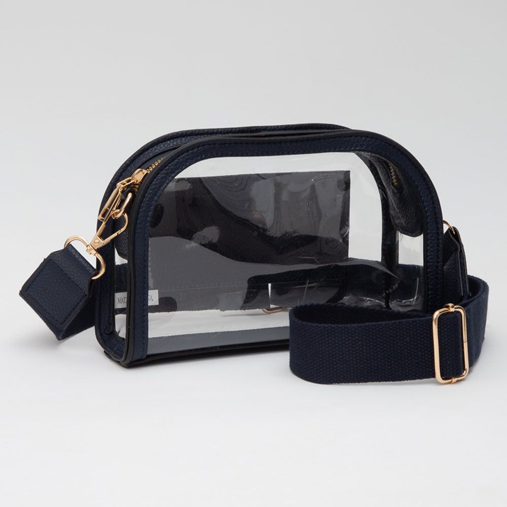 The Nadine Camera Bag combines sleek faux leather accents with a clear, compact design—perfect for game day and hands-free essentials.