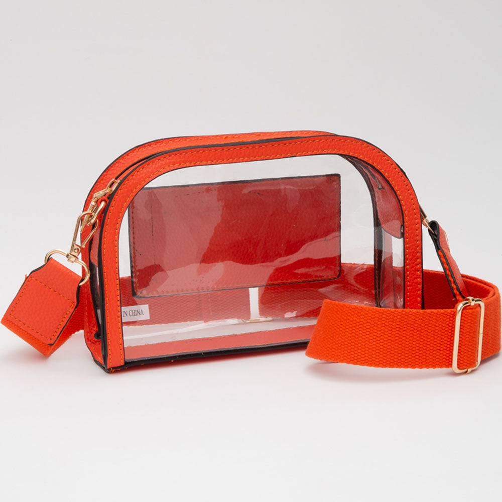 The Nadine Camera Bag combines sleek faux leather accents with a clear, compact design—perfect for game day and hands-free essentials.