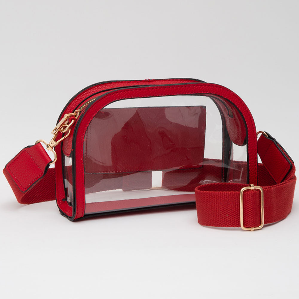The Nadine Camera Bag combines sleek faux leather accents with a clear, compact design—perfect for game day and hands-free essentials.