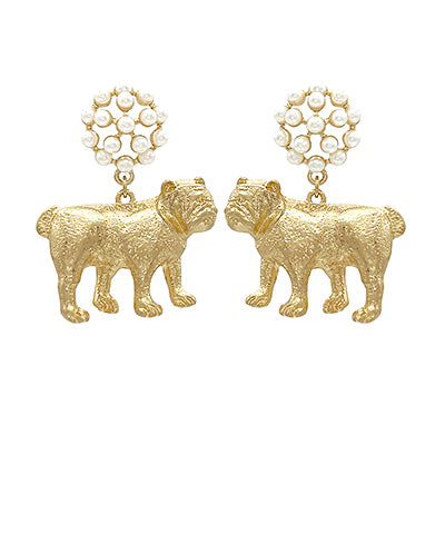 The Tessa Earrings mix playful charm with classic elegance—featuring bulldog motifs and delicate faux pearl drops on hypoallergenic posts.
