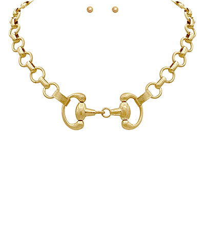 The Vivian Necklace Set features linked horse bit-inspired metal design on a 16" chain with a secure lobster clasp—classic equestrian style for everyday wear.
