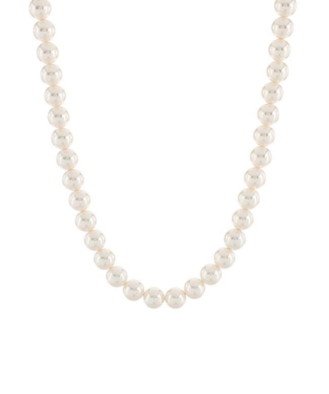 Elegant white pearl necklace with a smooth, lustrous finish on a white background, perfect for adding sophistication to any outfit.