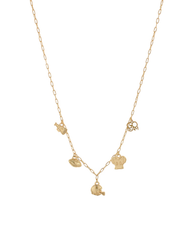 Touchdown Treasures Football Charm Necklace featuring whimsical gold football-themed charms on a delicate link chain.