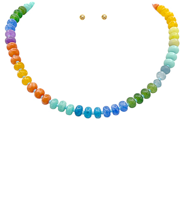Vibrant Disc Bead Necklace featuring a spectrum of flat, round disc beads in rainbow colors (red, orange, yellow, green, blue, purple), with small gold-toned spacer beads, accompanied by matching stud earrings.