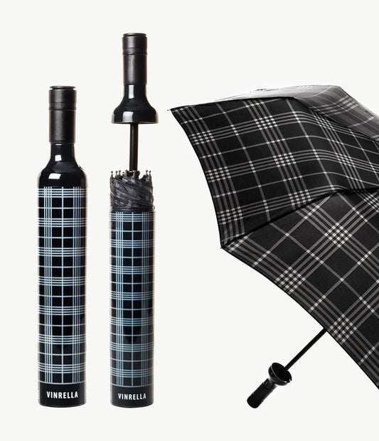 Vinrella Bottle Umbrella in a stylish blacm plaid design, featuring a unique bottle-shaped storage case and a compact, travel-friendly design.
