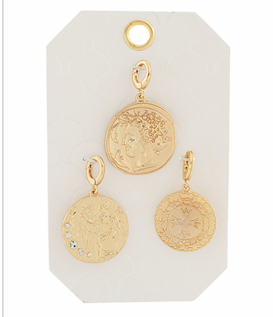 Vintage-inspired coin charm set with Roman and celestial designs