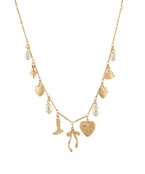 A gold-tone charm necklace with heart, cowboy boot, bow, and pearl accents, blending western-inspired fashion with modern elegance.