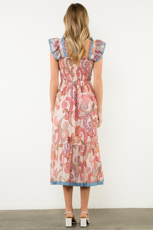 Smocked Flutter Sleeve Paisley Print Maxi Dress
