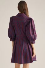 A polished striped mini dress featuring 3/4 puff sleeves, a button-front closure, and a self-tie waist belt with a chic metal ring accent.