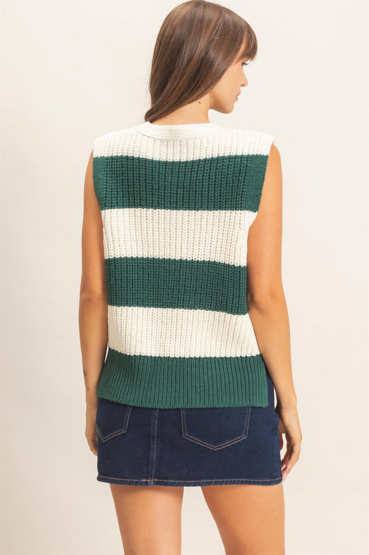 A bold striped sweater vest with a deep V-neckline and relaxed fit, perfect for polished layering from the office to after-hours.