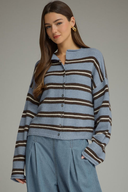 A cozy-chic striped cardigan featuring a classic shirt collar, button-front closure, and soft fuzzy texture for an effortlessly elevated seasonal layer.