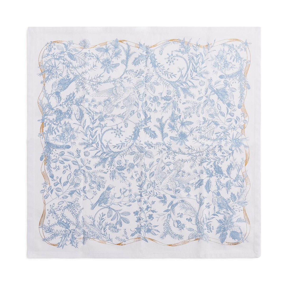 A square white napkin with a delicate blue floral and bird toile pattern and a scalloped edge accented by thin gold lines, shown flat against a white background.