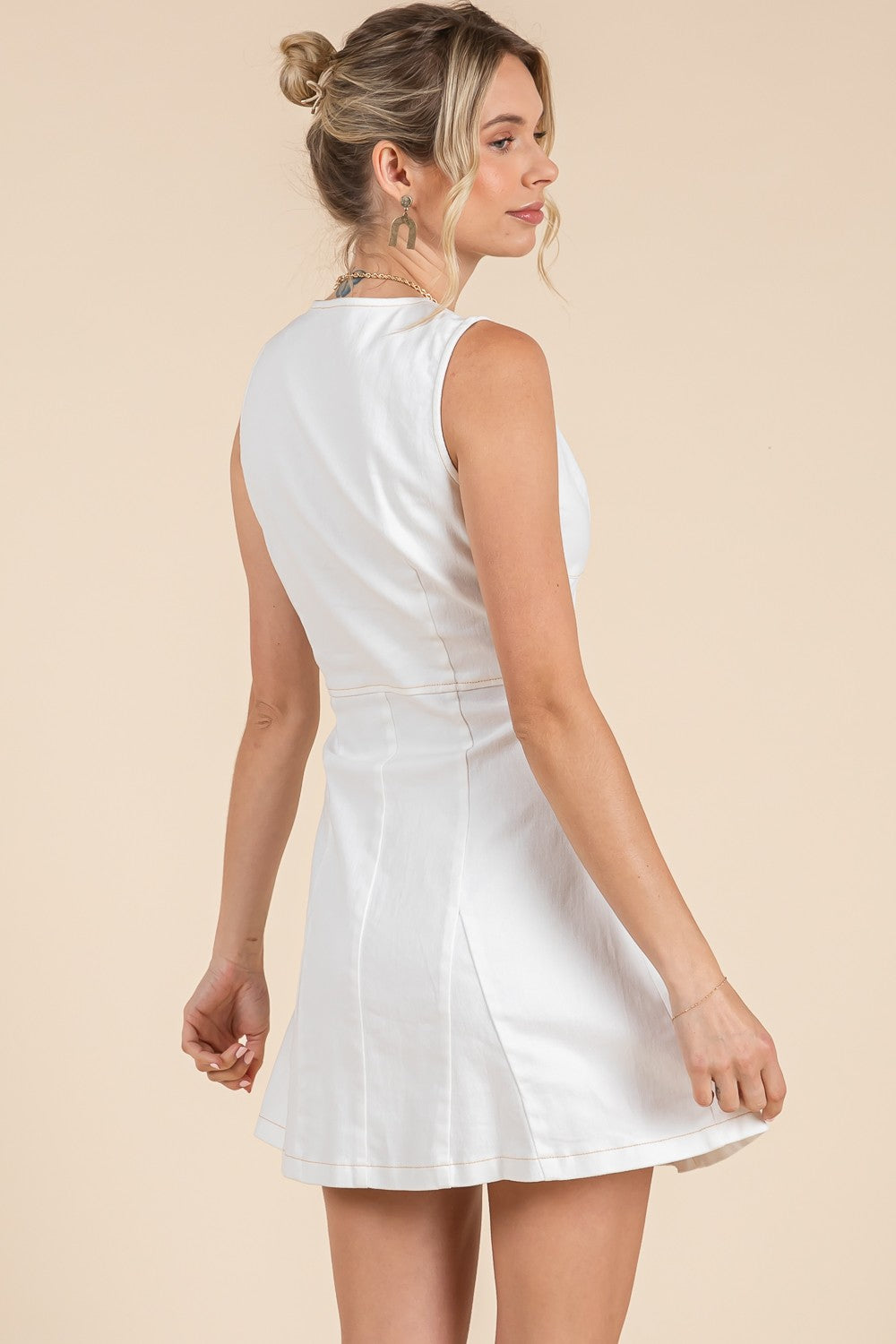 Baby Pink Deep V-neckline Button Down Sleeveless Mini Dress