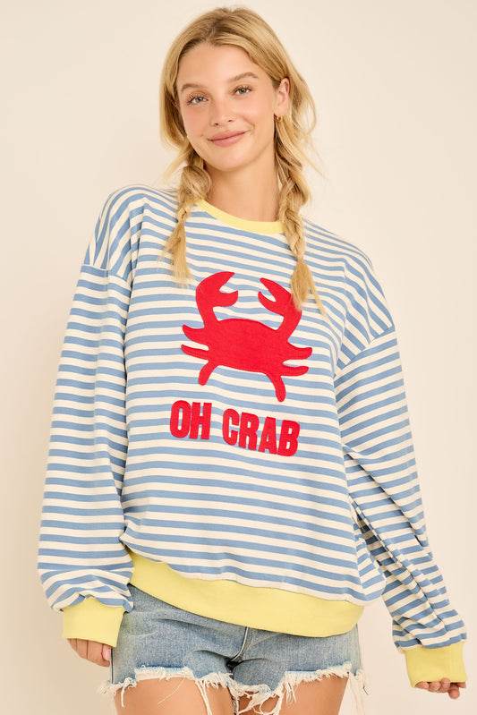 Striped oversized sweatshirt with red crab graphic and ‘OH CRAB’ lettering.