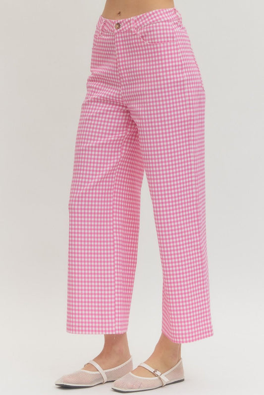 Lightweight gingham straight-leg pants with button front, zip-fly, and functional pockets