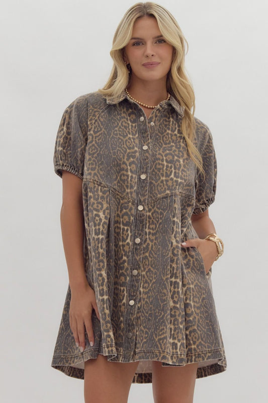 leopard-print denim dress with puff sleeves