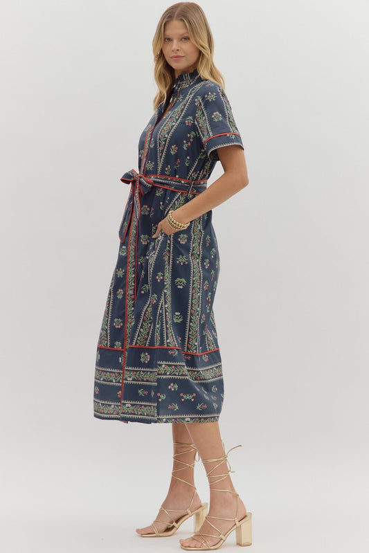 A breezy, cotton midi shirtdress with a ruffle-pleated neckline, contrast inset details, and a removable belt—effortless, flattering, and ready for every day.