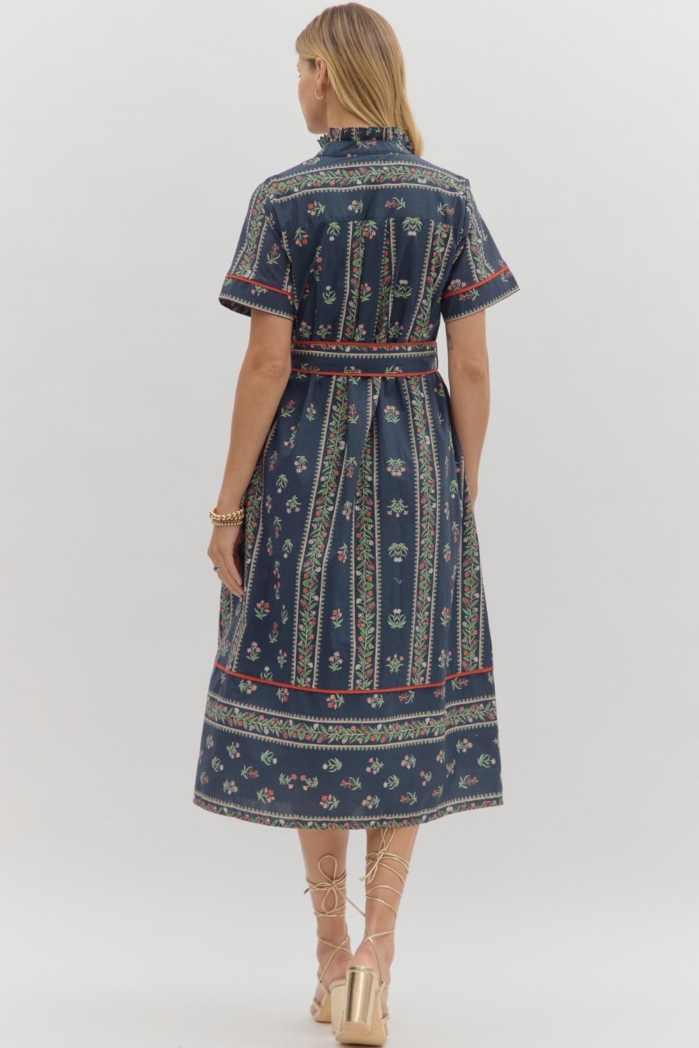 A breezy, cotton midi shirtdress with a ruffle-pleated neckline, contrast inset details, and a removable belt—effortless, flattering, and ready for every day.