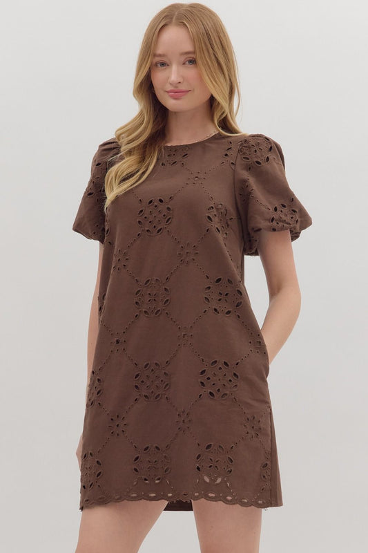 Romantic and refined, the Lenora mini dress charms with puff sleeves, scalloped edges, and timeless eyelet embroidery.