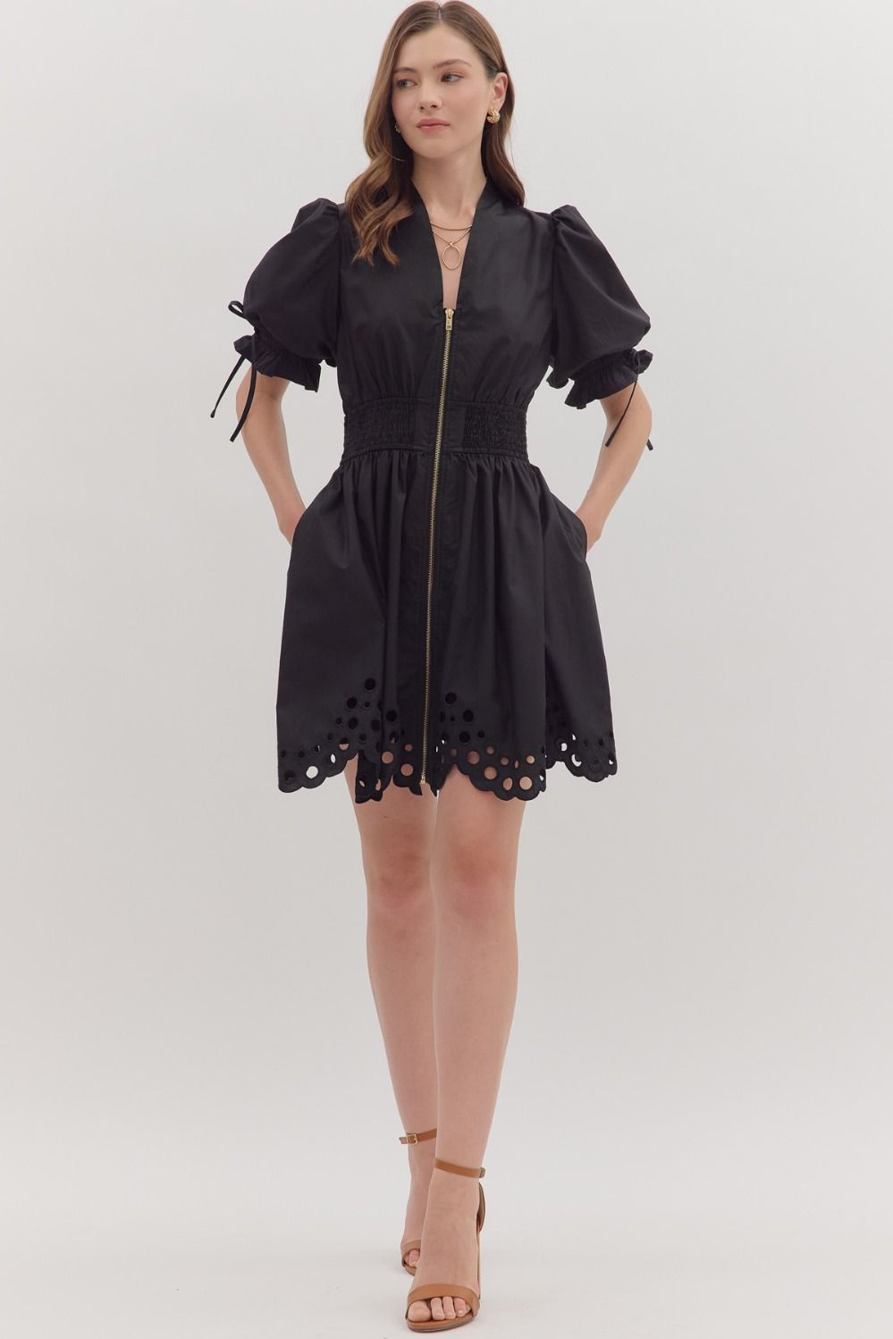Ivy Puff Sleeve Scallop-Eyelet Mini Dress