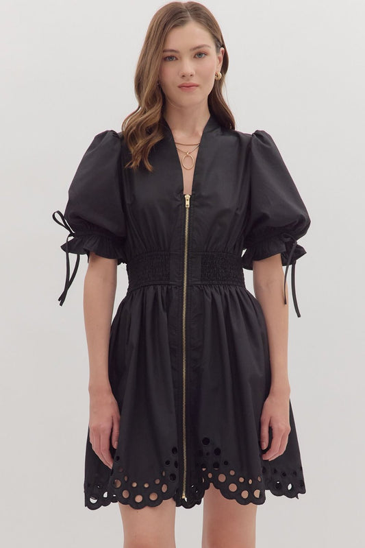 Ivy Puff Sleeve Scallop-Eyelet Mini Dress