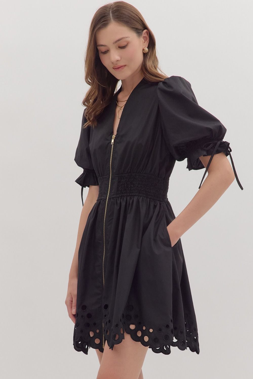 Ivy Puff Sleeve Scallop-Eyelet Mini Dress